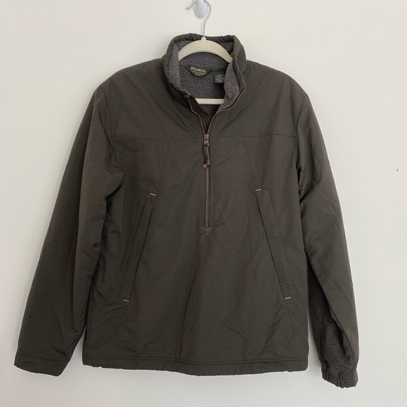 Eddie Bauer Mens Pullover Quarter Zip Nylon Jacket Size M Olive Fleece Line - Picture 1 of 16